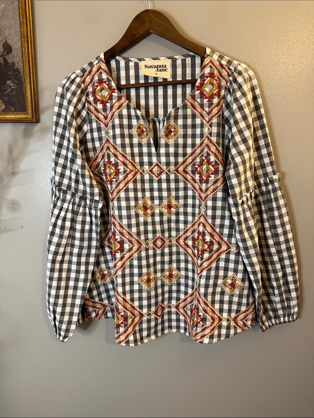 Savanna Jane Embroidered Buffalo Plaid Boho Peasant Top Medium Aztec Western M - Picture 7 of 9
